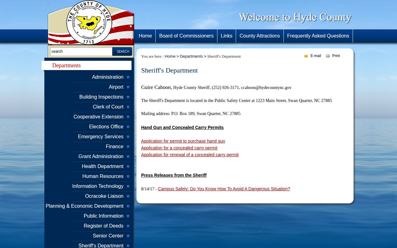 Hyde County Jail release records contact on the official Sheriff page