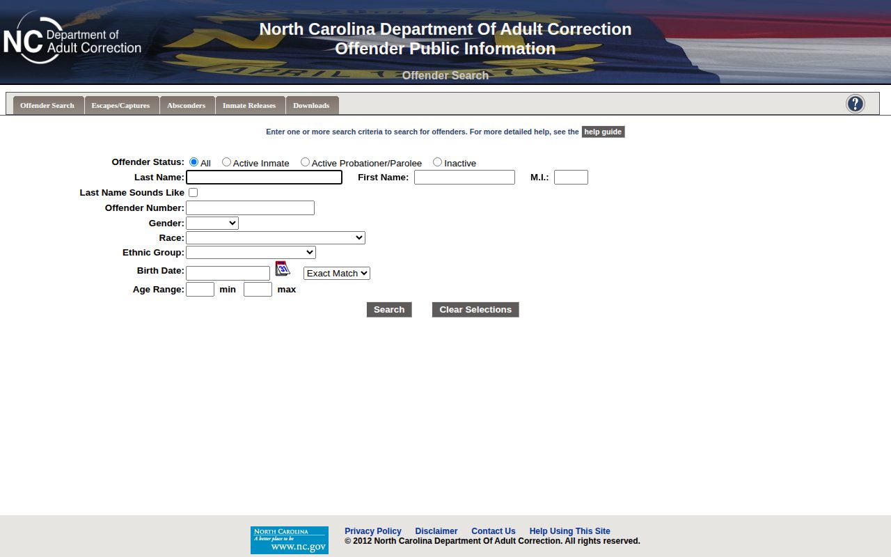 NCDAC search fields for Hyde County released inmate records