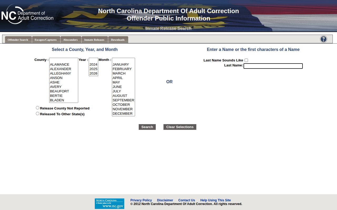 NCDAC monthly Hyde County state inmate release search