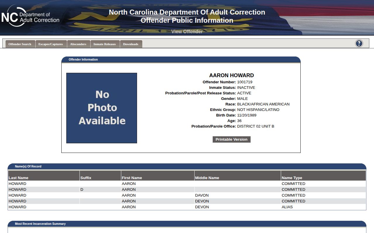 NCDAC example of inactive incarceration and active supervision after release