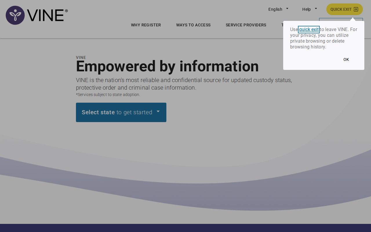 VINELink North Carolina inmate check and release notification screen for Hyde County
