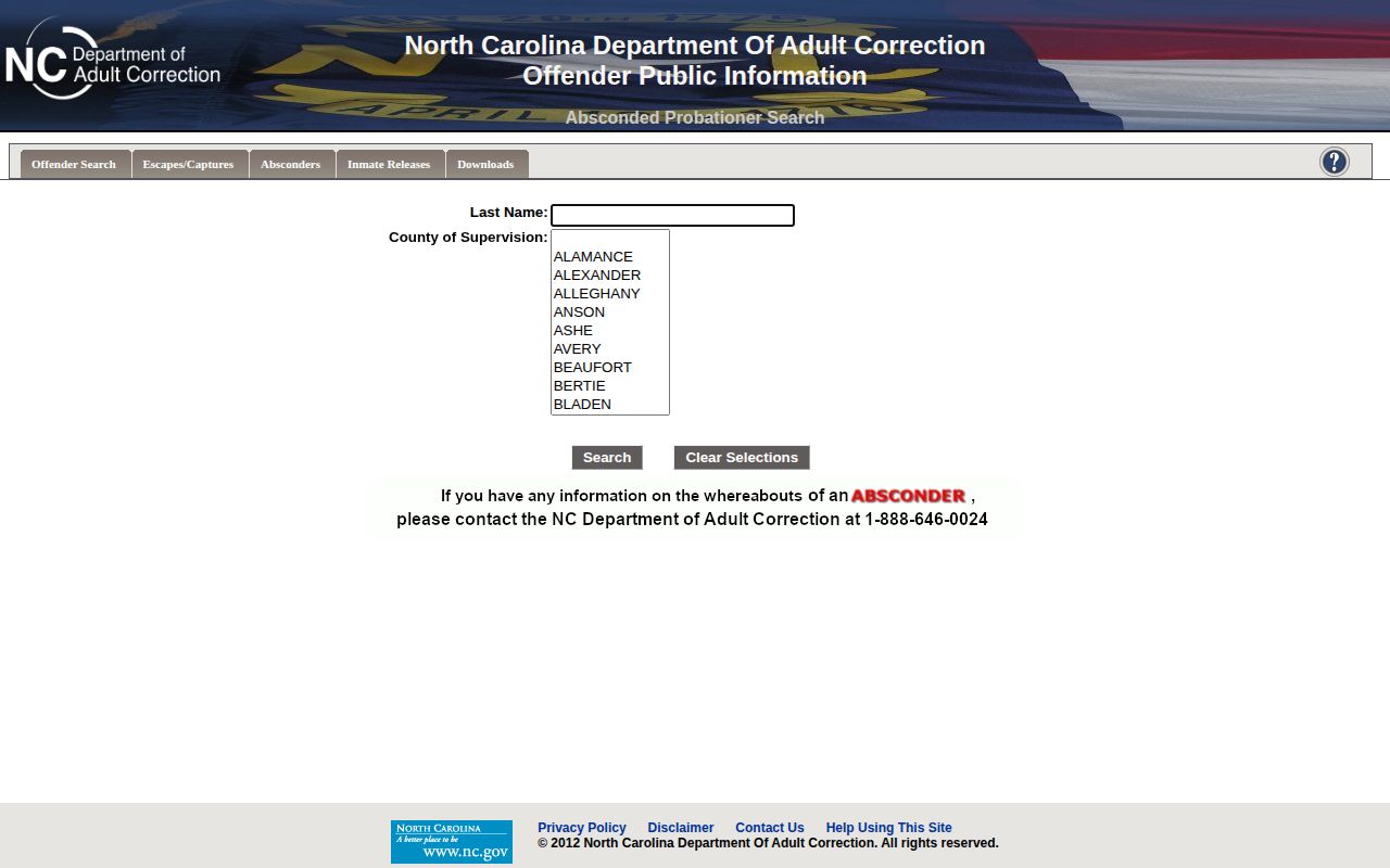 Hyde County parole and probation absconder search county filter